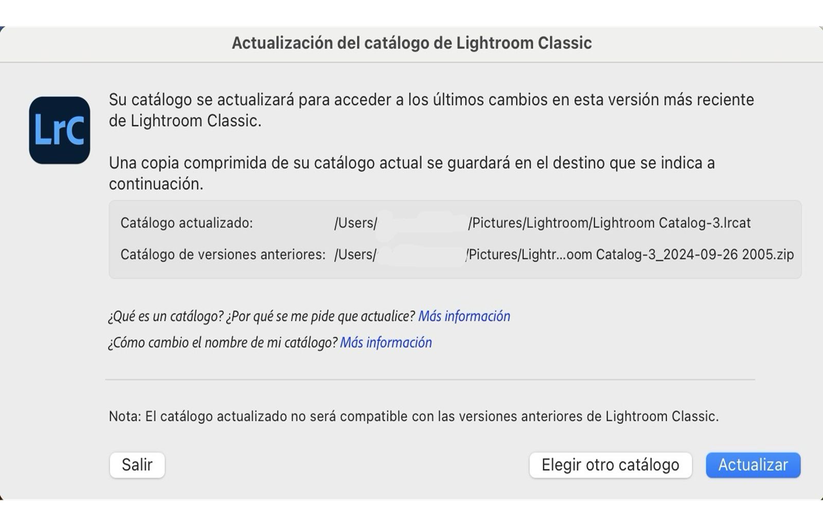 Haga clic en Actualizar para abrir y utilizar el catálogo.