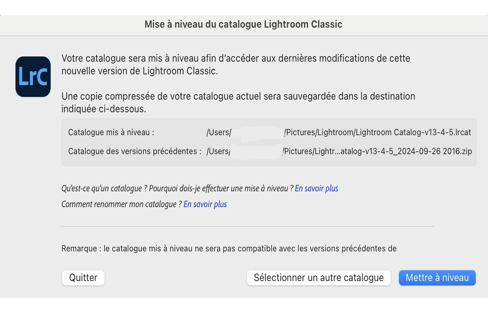 Cliquez sur Mettre à jour pour ouvrir et utiliser le catalogue.