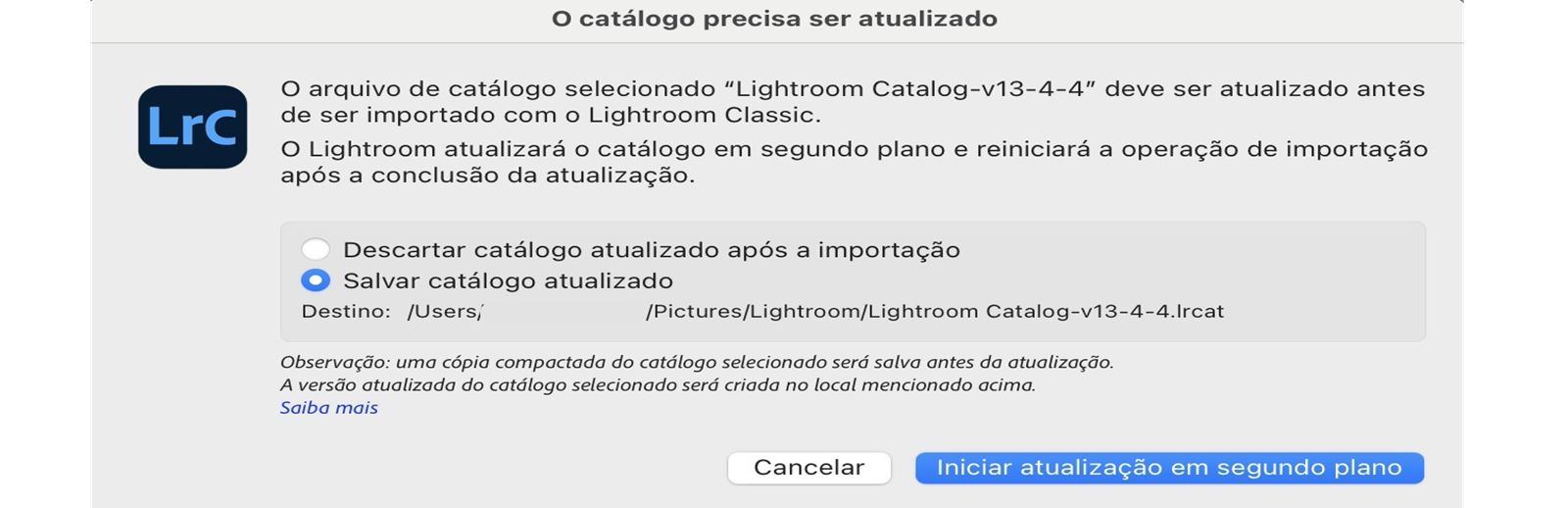 Pop-up de atualização do catálogo