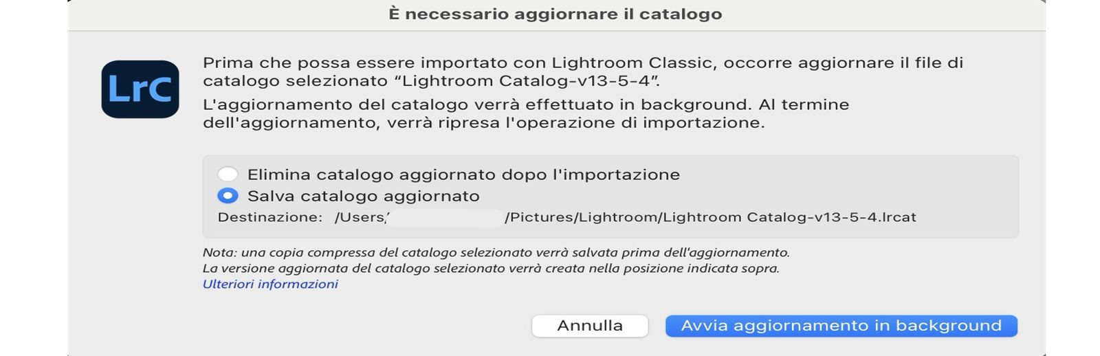 Finestra a comparsa Aggiornamento catalogo