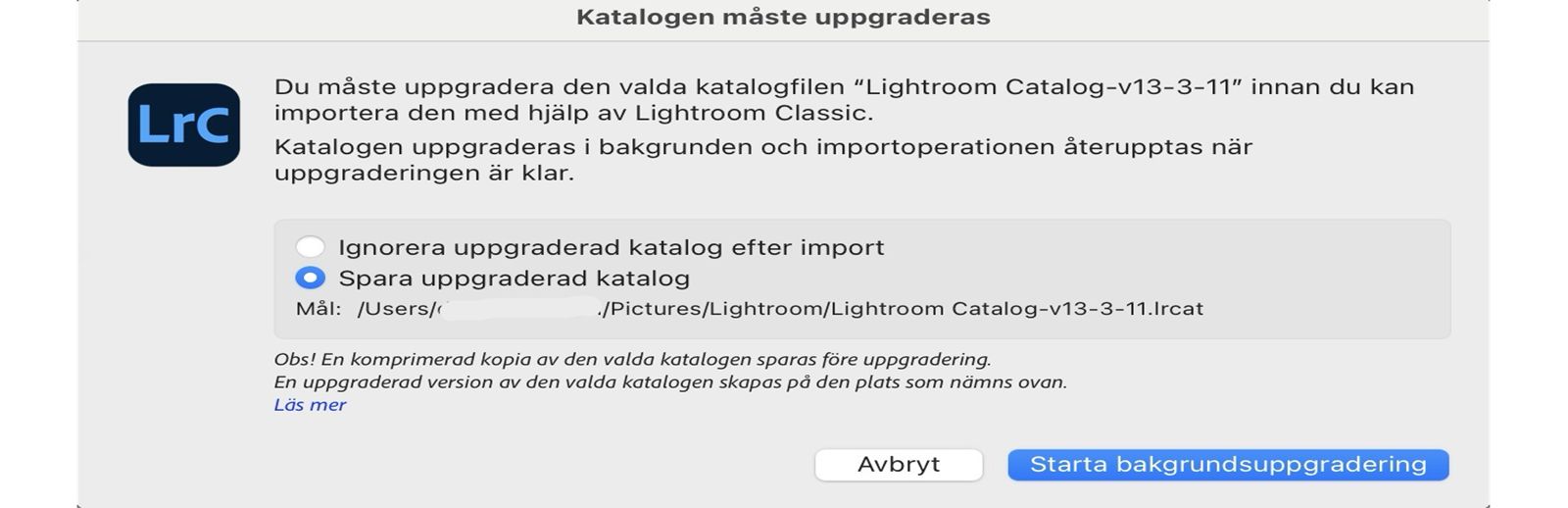 Popup-fönstret Kataloguppgradering
