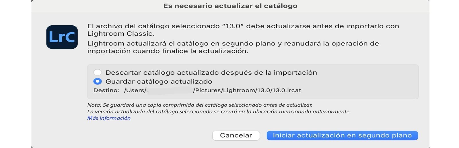 Ventana emergente de Actualización del catálogo