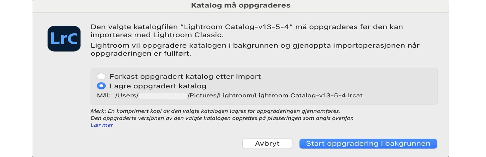 Popup-vindu for katalogoppgradering
