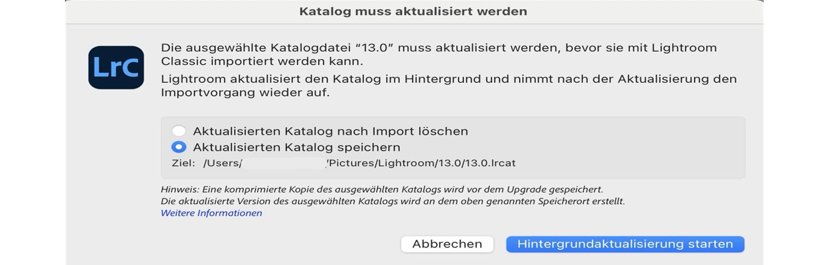 Popup-Fenster „Katalogaktualisierung“