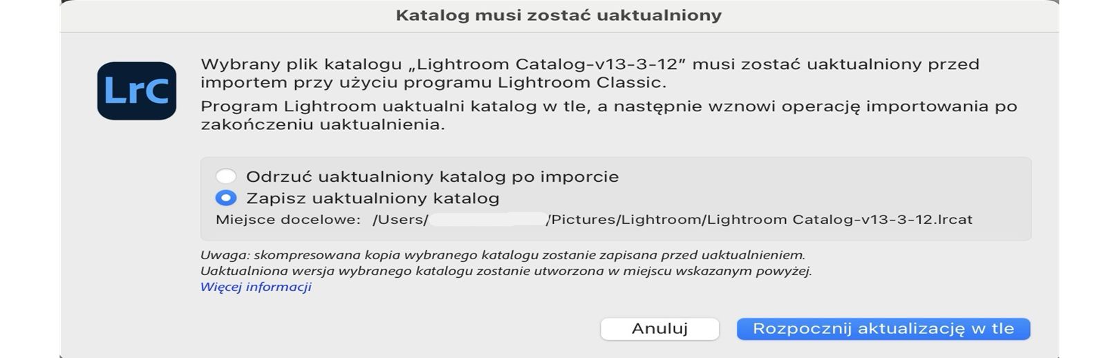 Okno podręczne Uaktualnienie katalogu