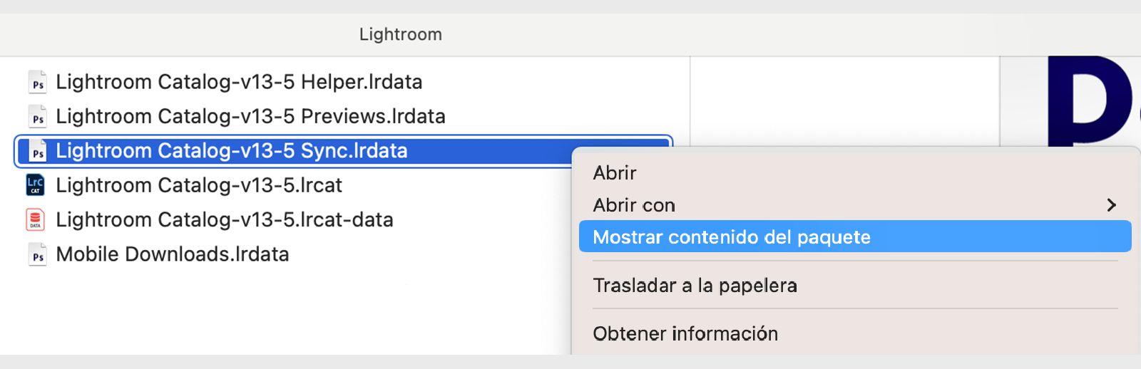Captura de pantalla de un archivo llamado &quot;Lightroom Catalog-v13-5.lrcat&quot; y un menú desplegable abierto