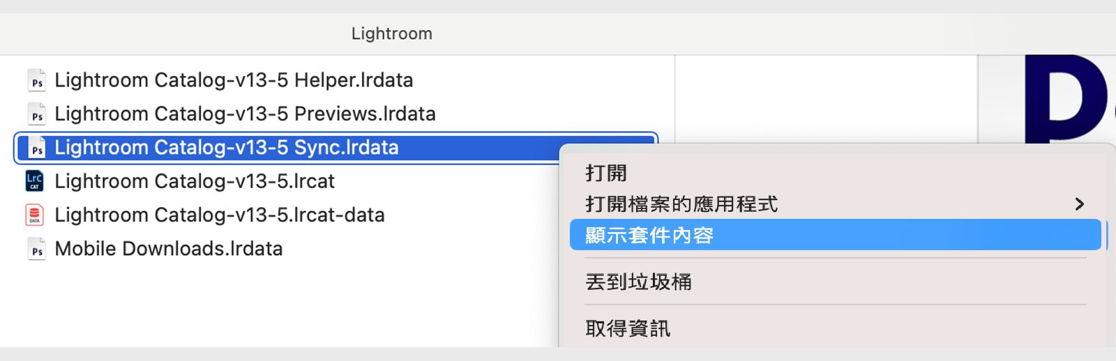 檔案名為「Lightroom Catalog-v13-5.lrcat」且開啟下拉式選單的螢幕擷圖