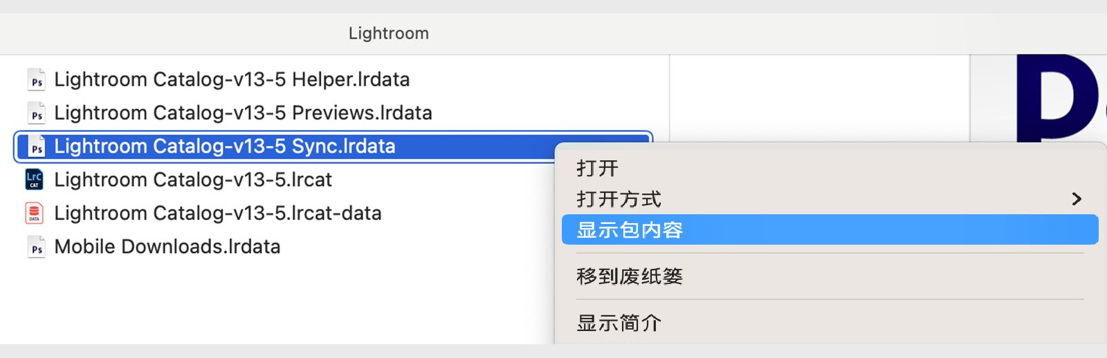 名为“Lightroom Catalog-v13-5.lrcat”的文件的屏幕截图，其中打开了下拉菜单
