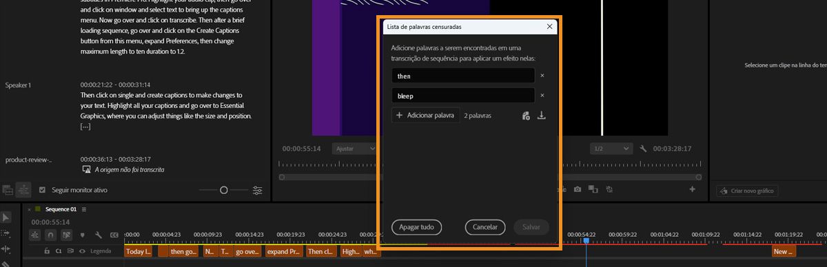 Caixa de diálogo de lista de palavras censuradas no Premiere, mostrando campos de adicionar, importar ou exportar palavras para detecção em uma transcrição.