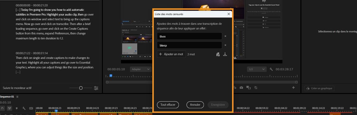 Boîte de dialogue Liste des mots censurés de Premiere montrant les champs pour ajouter, importer ou exporter des mots à détecter dans une transcription.