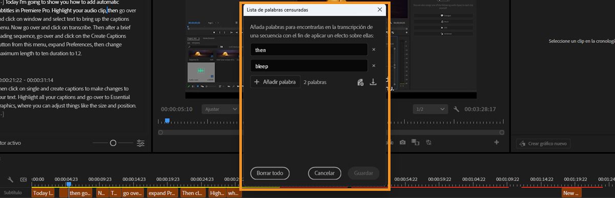 Cuadro de diálogo de Lista de palabras censuradas en Premiere mostrando campos para añadir, importar o exportar palabras para su detección en una transcripción.
