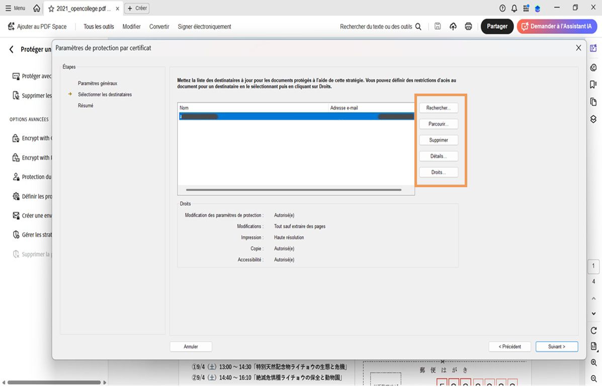 Boîte de dialogue Paramètres de protection par certificat dans Acrobat affichant la liste des destinataires et les options permettant de rechercher, parcourir, supprimer, afficher les détails et définir les droits.