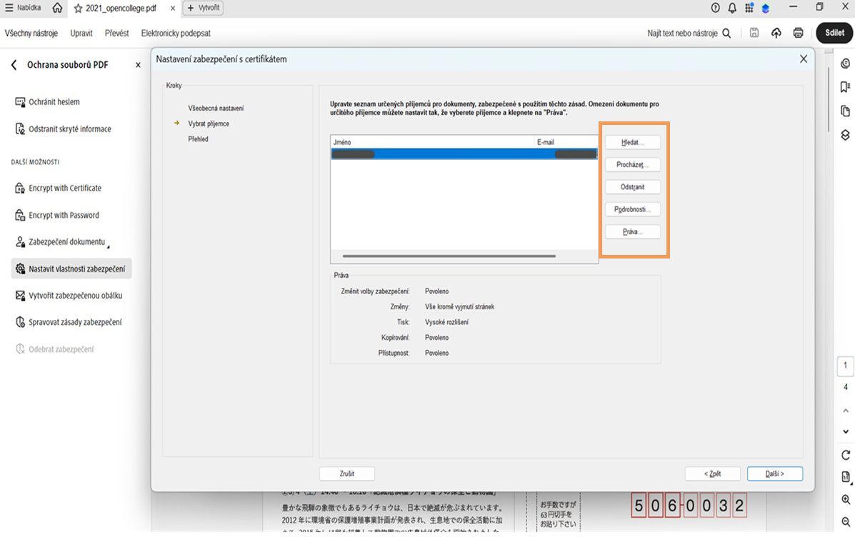 Dialogové okno Nastavení zabezpečení certifikátu v aplikaci Acrobat zobrazující seznam příjemců a možnosti vyhledávání, procházení, odebírání, zobrazení podrobností a nastavení oprávnění.