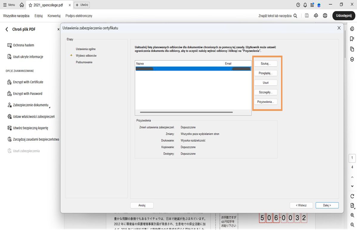 Okno dialogowe Ustawienia zabezpieczeń certyfikatu w programie Acrobat pokazujące listę odbiorców i opcje do wyszukiwania, przeglądania, usuwania, wyświetlania szczegółów i ustawiania uprawnień.