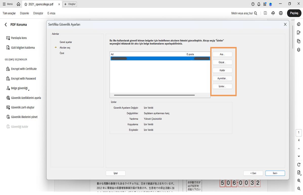 Acrobat'taki Sertifika Güvenlik Ayarları iletişim kutusunda alıcı listesi ve arama, göz atma, kaldırma, ayrıntıları görüntüleme ve izinleri ayarlama seçenekleri gösteriliyor.