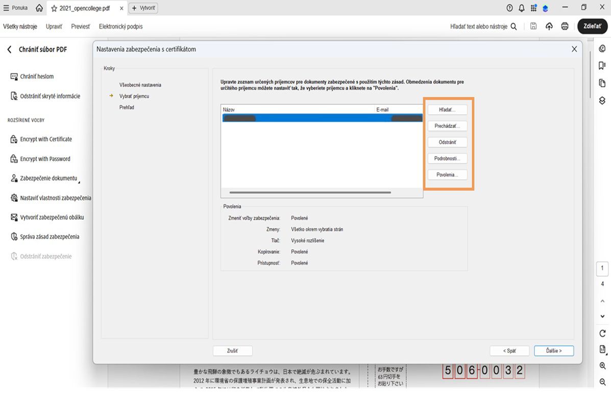 Dialógové okno Nastavenia zabezpečenia certifikátu v programe Acrobat zobrazujúce zoznam príjemcov a možnosti vyhľadávania, prehliadania, odstraňovania, zobrazenia podrobností a nastavenia povolení.