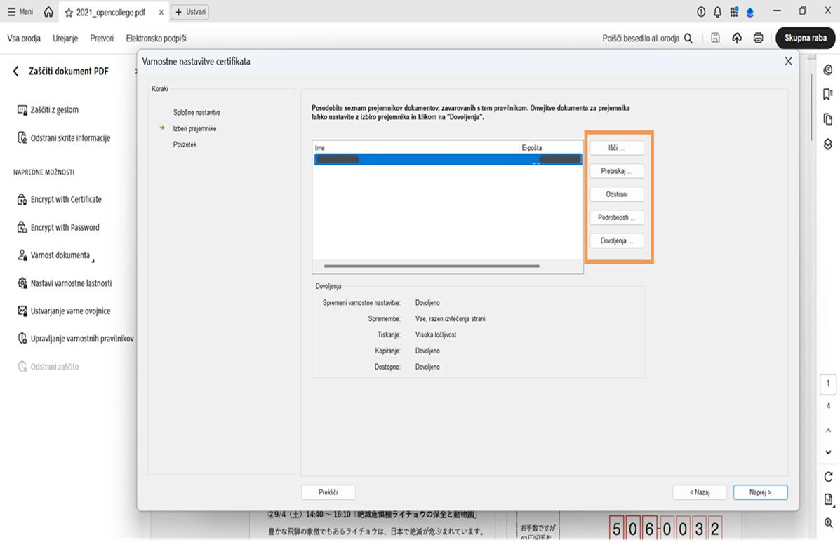 V pogovornem oknu z varnostnimi nastavitvami potrdila v programu Acrobat so prikazani seznam prejemnikov in možnosti za iskanje, brskanje, odstranjevanje, ogled podrobnosti in nastavitev dovoljenj.
