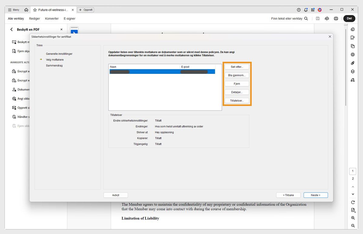Dialogboks for sertifikatsikkerhetsinnstillinger i Acrobat som viser mottakerliste og alternativer for å søke, bla gjennom, fjerne, vise detaljer og angi tillatelser.