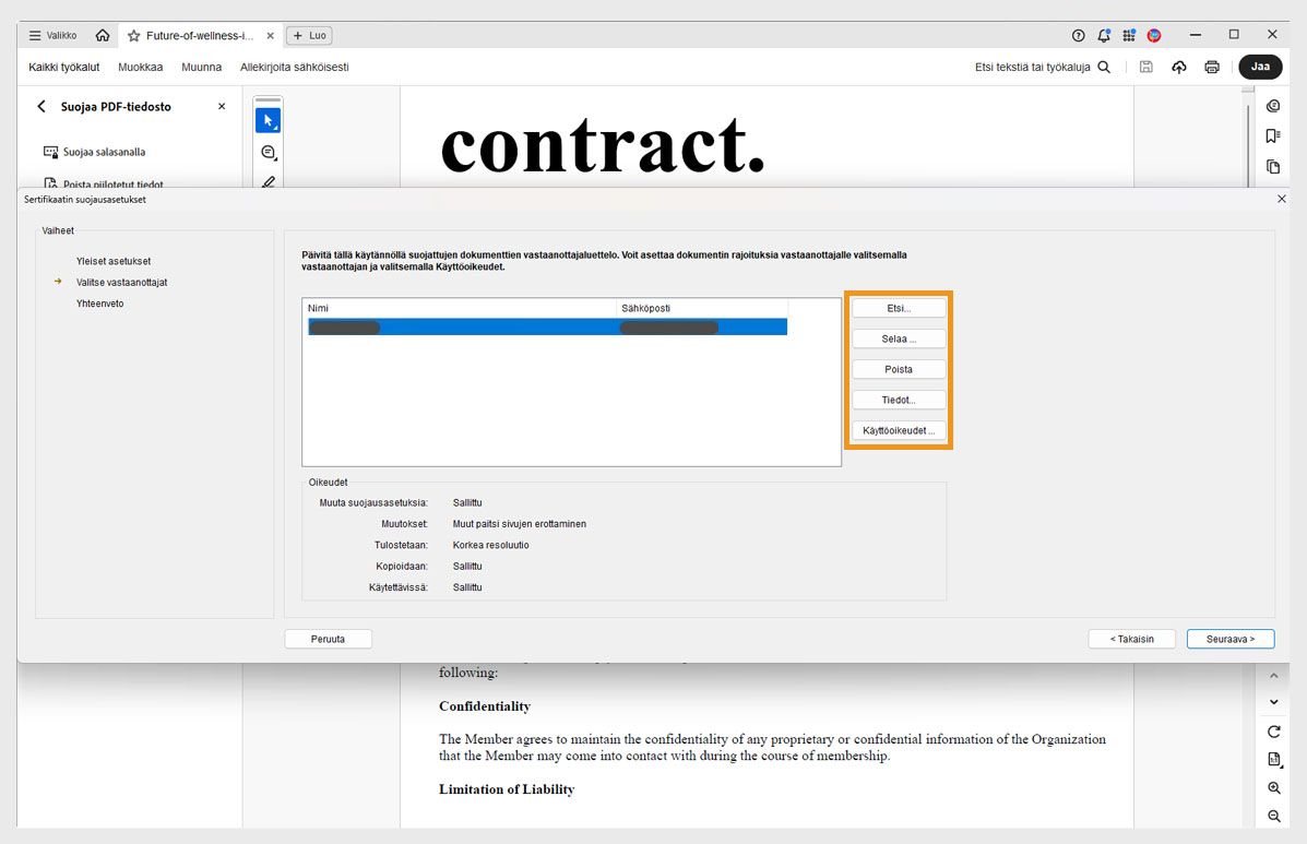Varmennesuojauksen asetukset -valintaikkuna Acrobatissa, jossa näkyy vastaanottajaluettelo ja vaihtoehdot hakemiseen, selaamiseen, poistamiseen, tietojen tarkasteluun ja käyttöoikeuksien määrittämiseen.