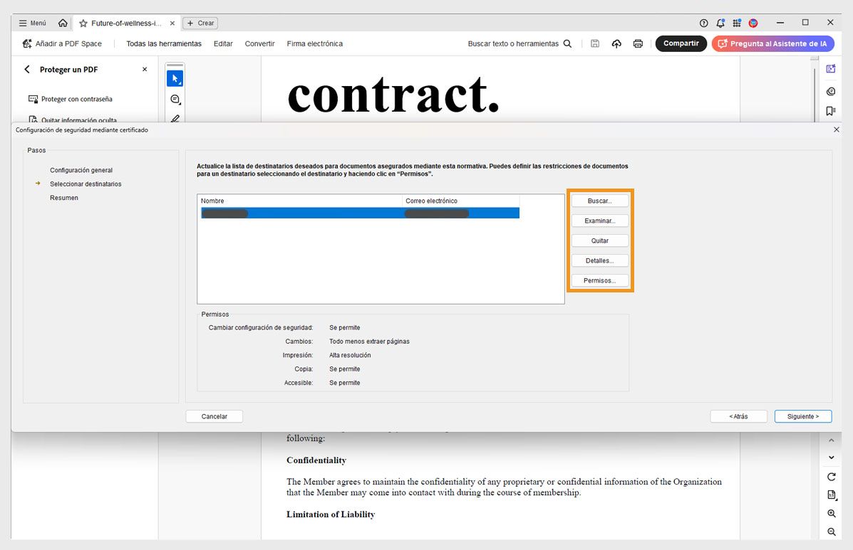 Cuadro de diálogo Configuración de seguridad de certificado en Acrobat que muestra la lista de destinatarios y opciones para búsqueda, examinar, eliminar, ver detalles y establecer permisos.