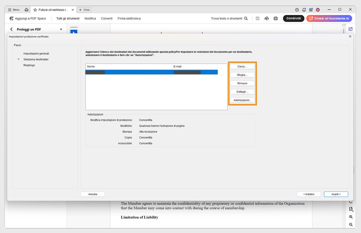 Finestra di dialogo Impostazioni di protezione certificato in Acrobat che mostra l’elenco dei destinatari e le opzioni per cercare, sfogliare, rimuovere, visualizzare i dettagli e impostare le autorizzazioni.