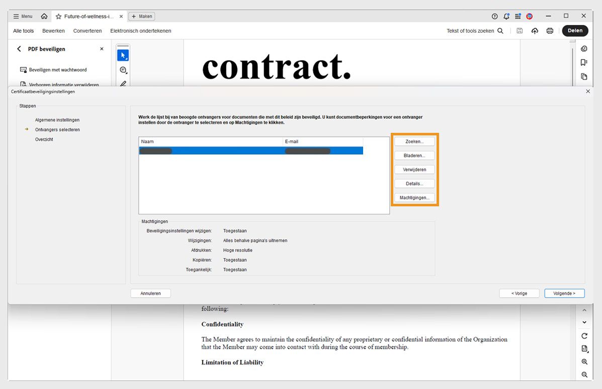 Dialoogvenster Instellingen certificaatbeveiliging in Acrobat met ontvangerlijst en opties om te zoeken, verkennen, verwijderen, details te bekijken en machtigingen in te stellen.