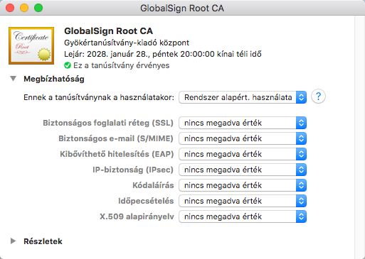 Tanúsítvány tulajdonságai (macOS)