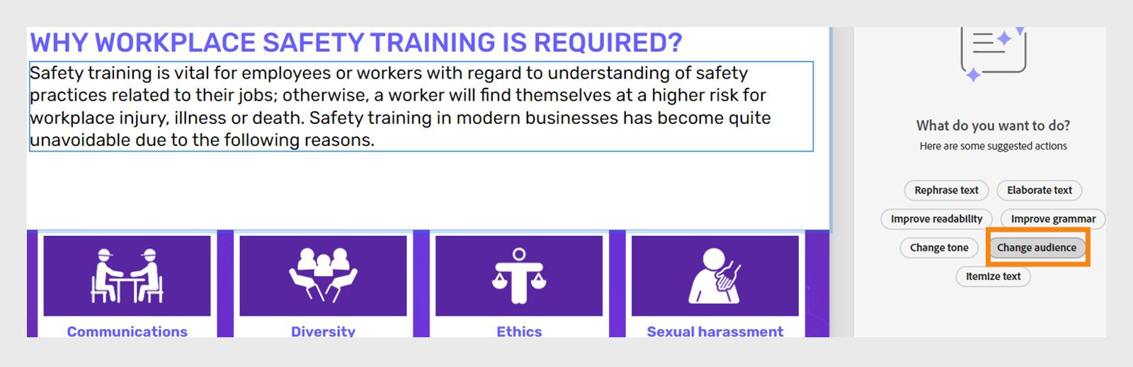 Change audience dialog showing the Generate text option with Change audience selected and additional context about rewriting for new employees or interns.