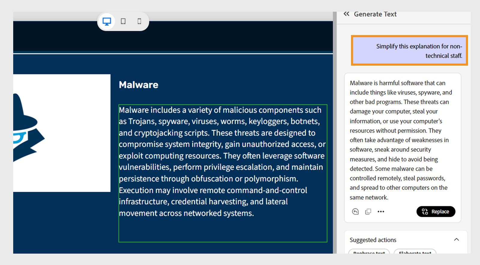 Generate text dialog box with the prompt 'Simplify this explanation for non-technical staff' entered to adapt cybersecurity content.