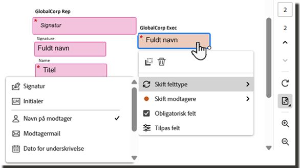 Oprettelsesmiljøet med et valgt felt, der viser handlingen &quot;Skift felttype&quot;