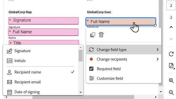 選択したフィールドに「フィールドタイプを変更」アクションが表示されたオーサリング環境