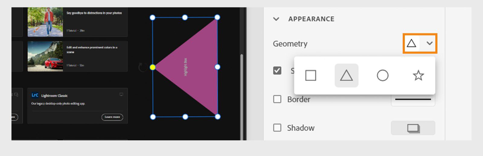 The image shows the Captivate interface where a purple triangle labeled “Highlight area” is selected. On the right, the Appearance panel displays shape options—square, triangle (selected), circle, and star—under the Geometry dropdown