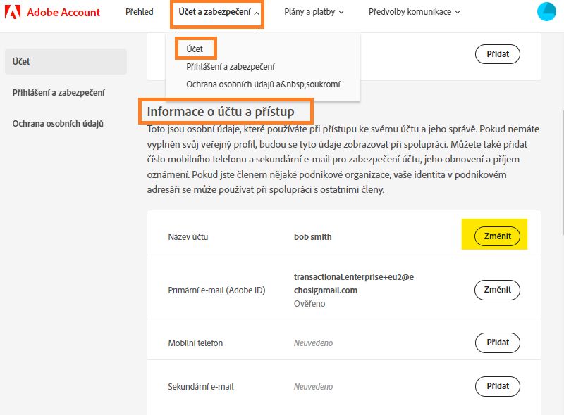 Část s informacemi o účtu se zvýrazněným tlačítkem Změnit