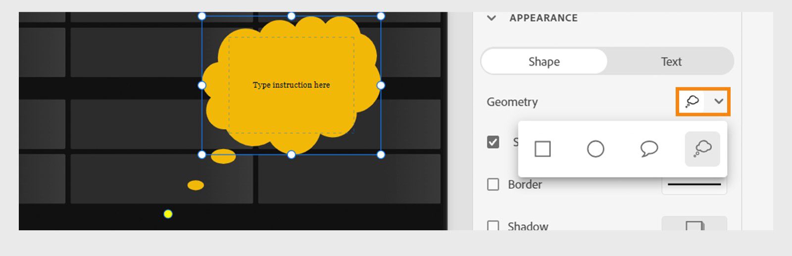 The image shows Adobe Captivate with a selected yellow instruction box in speech bubble shape. On the right, the Shape tab in the Appearance panel displays a Geometry dropdown to choose shapes like rectangle, circle, speech bubble, or cloud.