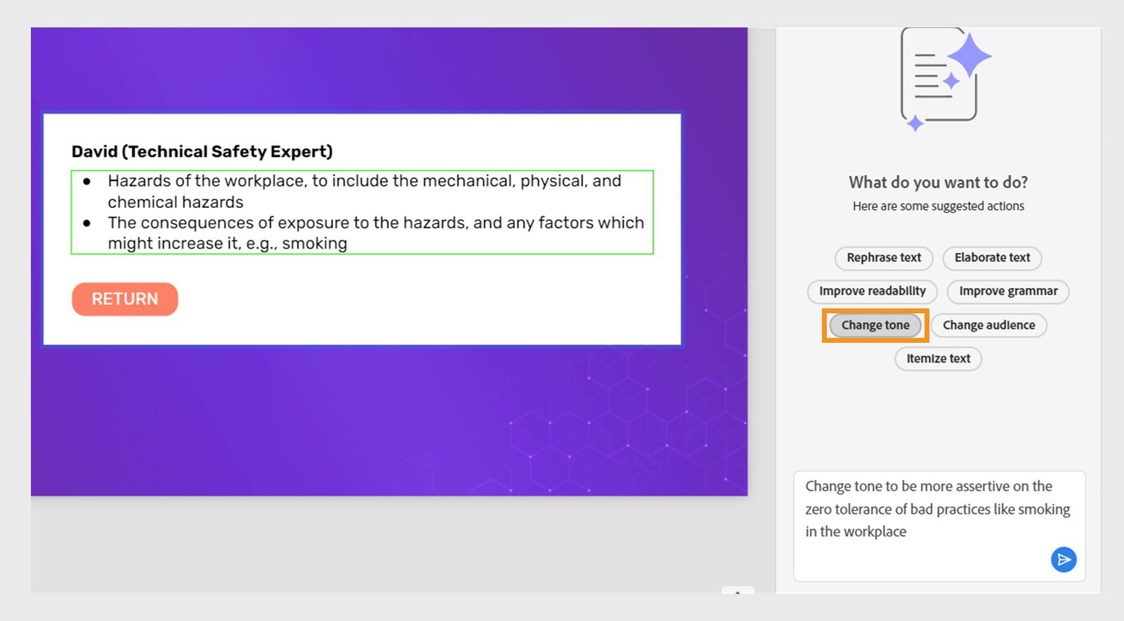 Change tone dialog showing the Generate text option with Change tone selected and instructions to make content more assertive.
