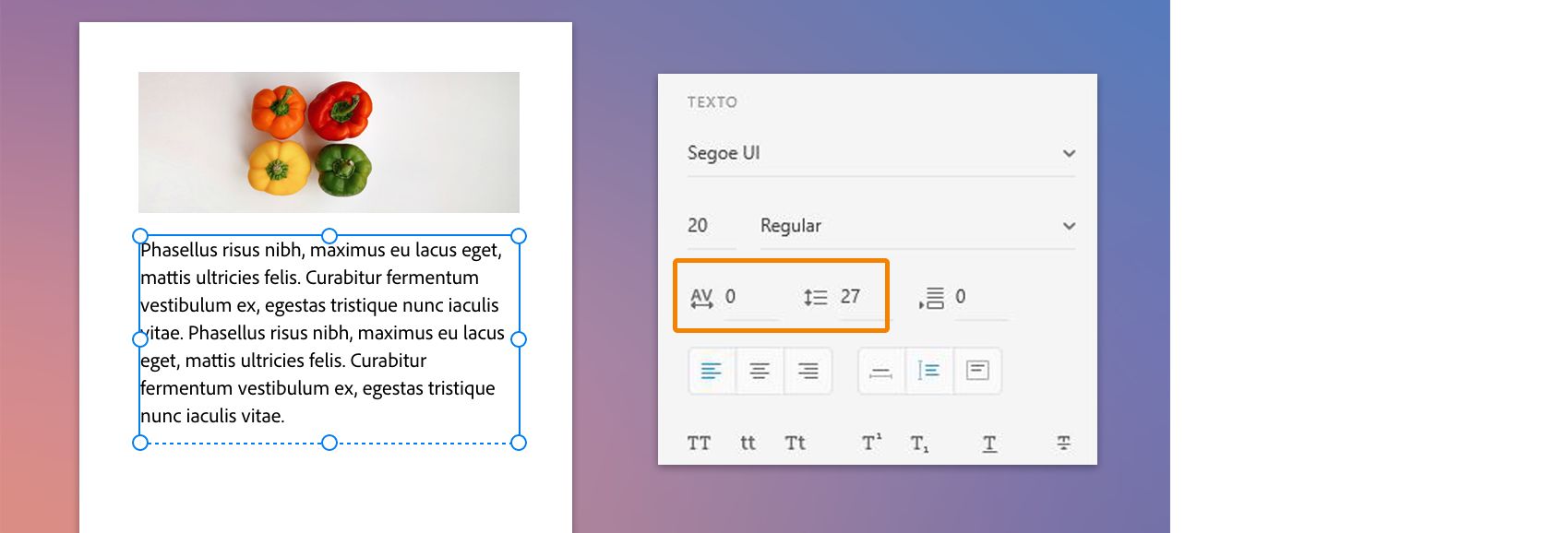 Alterar o espaçamento de caracteres e de linha de um texto em um objeto de texto