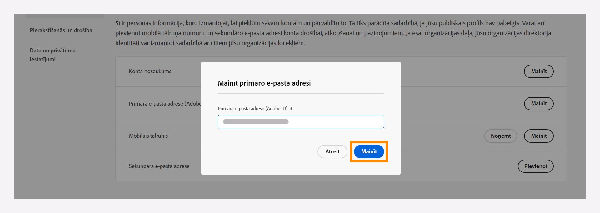 Nomainiet savu galveno e-pasta adresi.