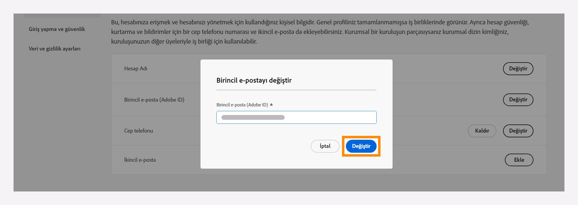 Birincil e-posta adresinizi değiştirin.