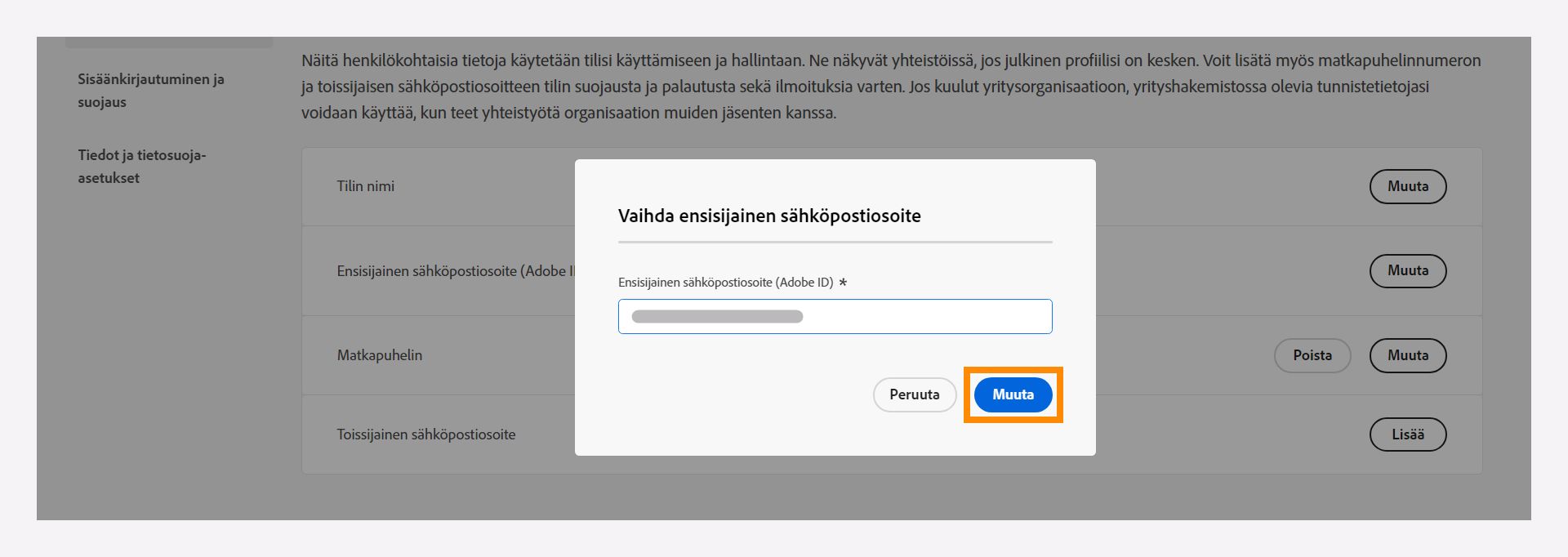 Vaihda ensisijainen sähköpostiosoitteesi.