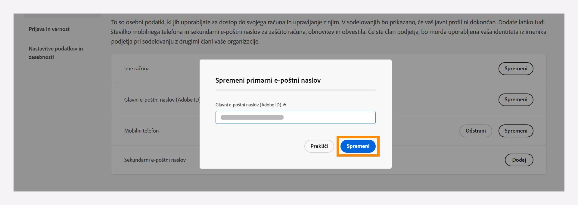 Spremenite svoj glavni e-poštni naslov.
