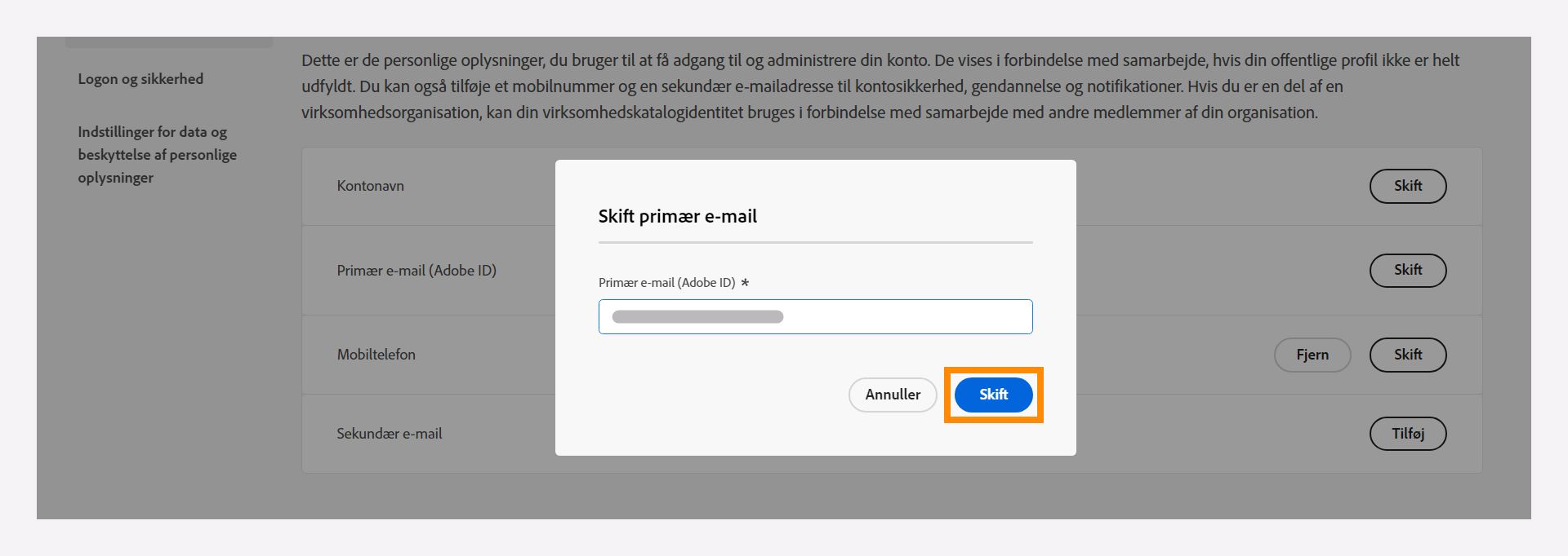 Skift din primære e-mailadresse.