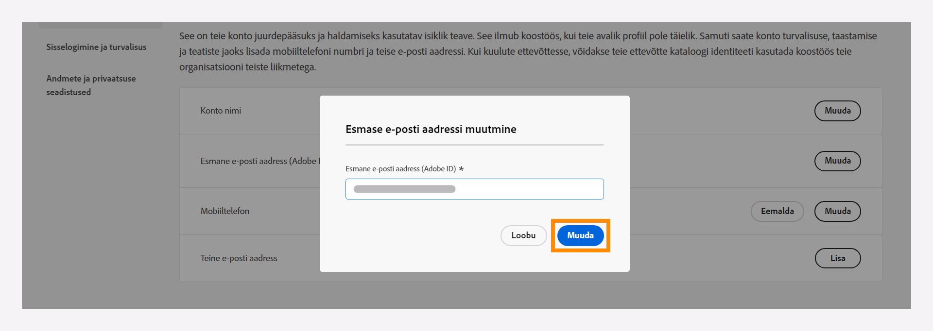 Muutke oma esmast meiliaadressi.