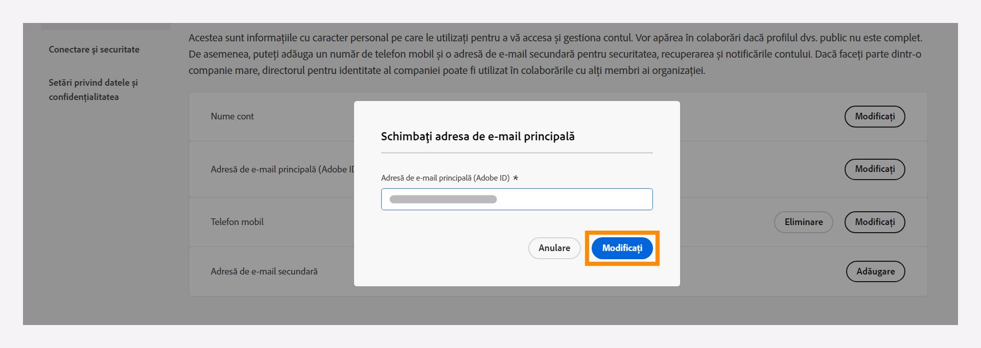 Schimbați-vă adresa de e-mail principală.