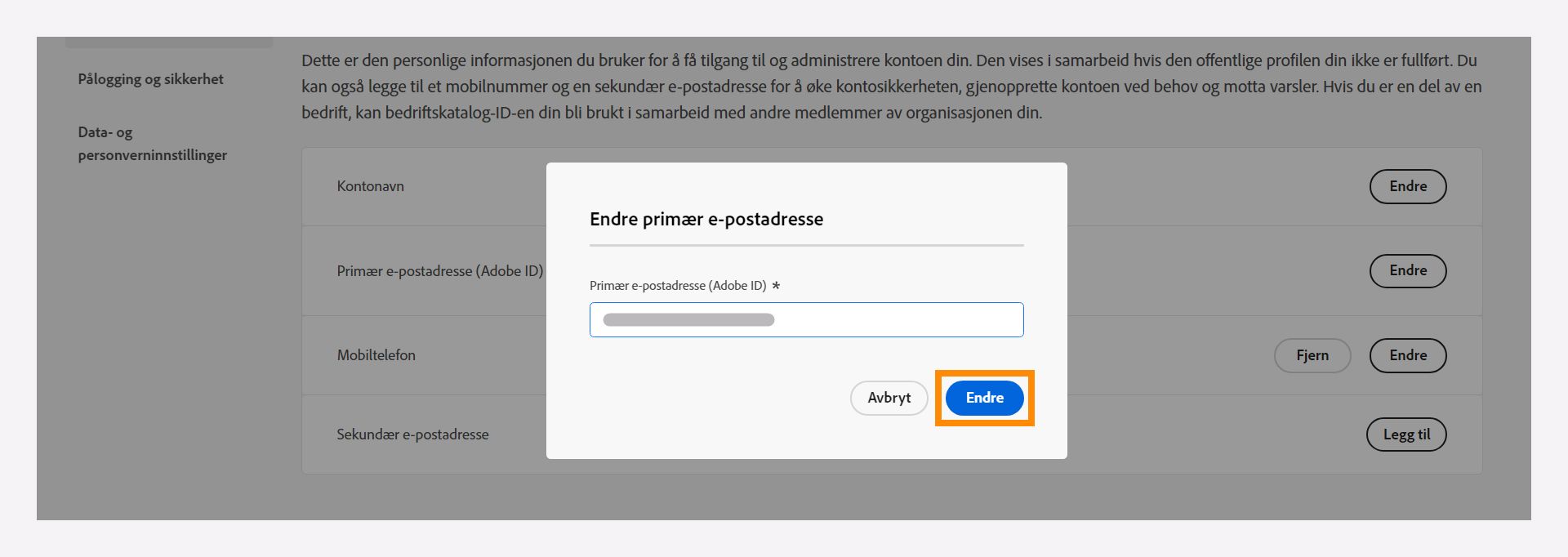 Endre den primære e-postadressen din.