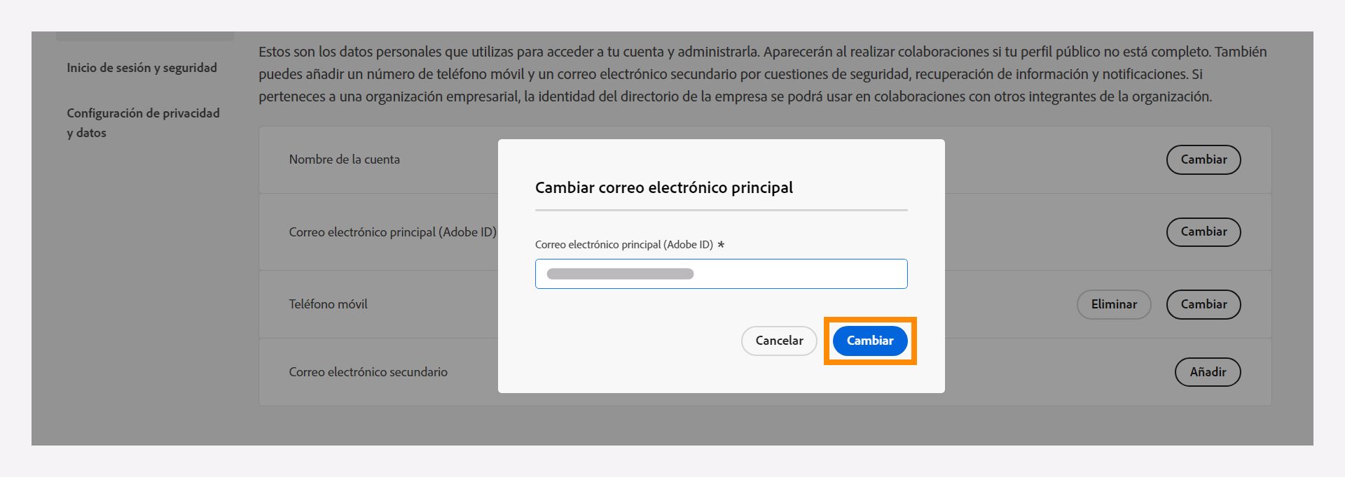 Cambie su dirección de correo electrónico principal.