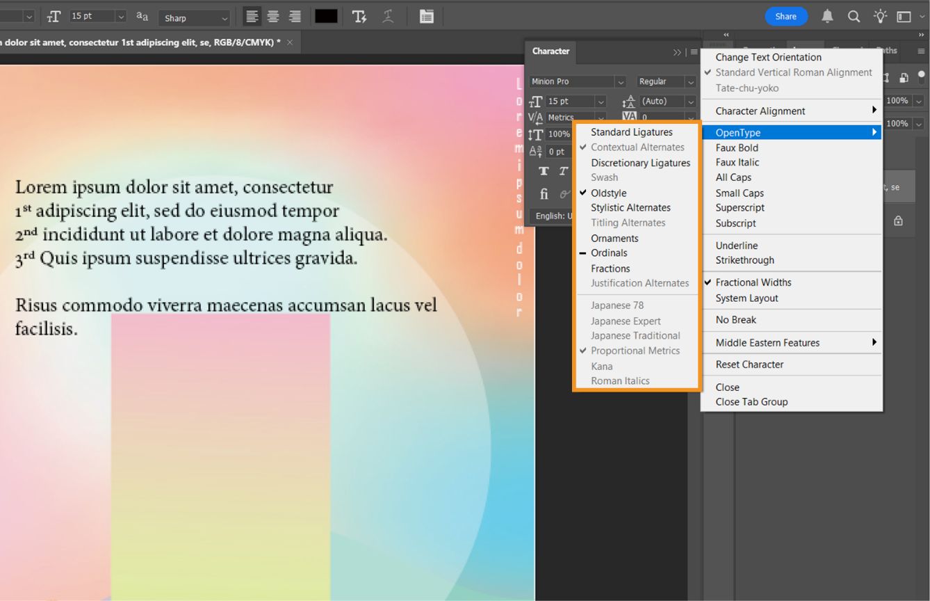 แผงอักขระแสดงเมนูย่อย OpenType ที่มีตัวอักษรควบมาตรฐาน ตัวเลือกตามบริบท และคุณสมบัติด้านการออกแบบตัวอักษรอื่นๆ ที่มีสำหรับการจัดรูปแบบข้อความ