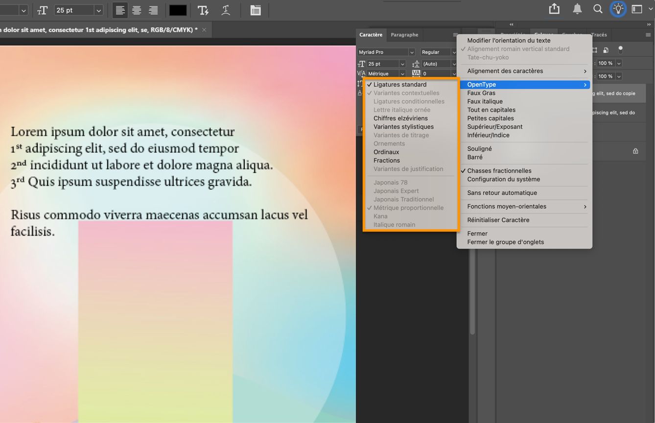 Panneau Caractère affichant le sous-menu OpenType avec Ligatures standard, Variantes contextuelles et d’autres fonctionnalités typographiques disponibles pour la mise en forme du texte.