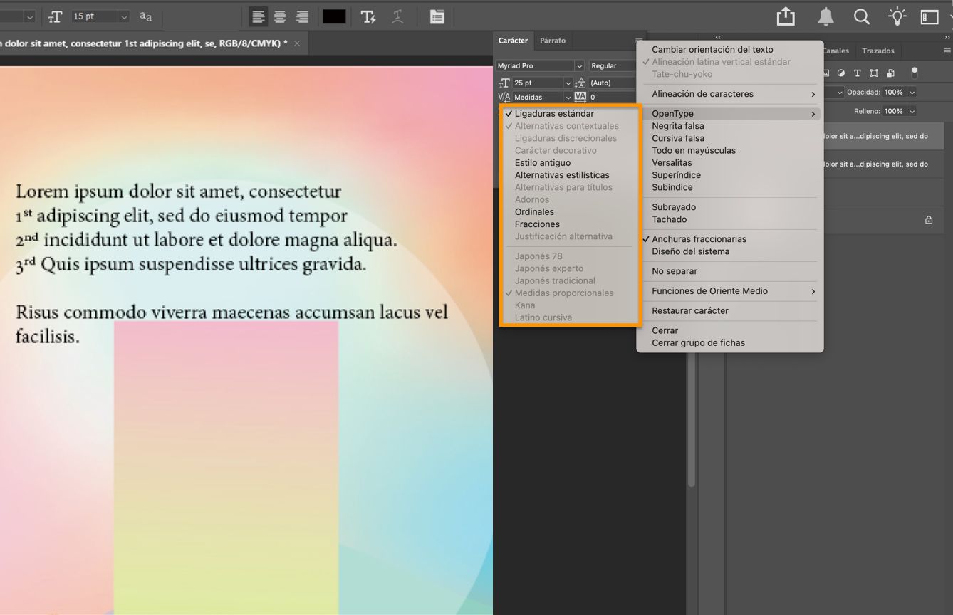 Panel Character mostrando el submenú OpenType con Standard Ligatures, Contextual Alternates y otras funciones tipográficas disponibles para el formato de texto.
