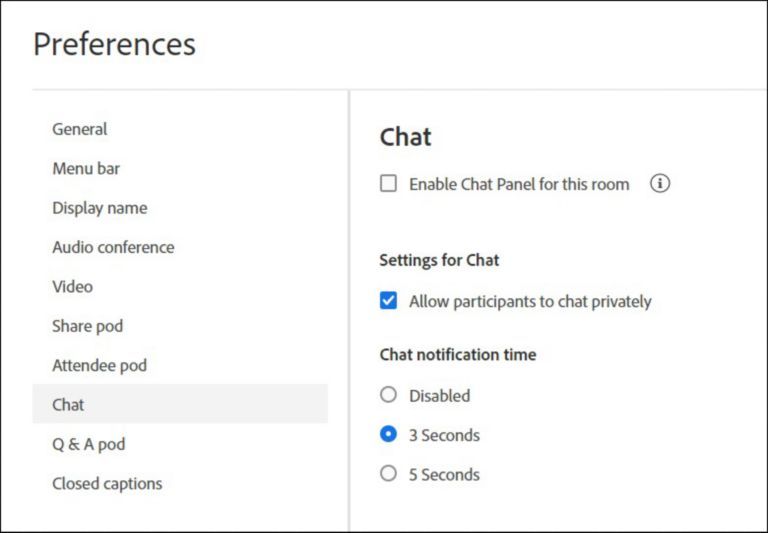 Panel de chat: preferencias de disponibilidad de la sala de reuniones