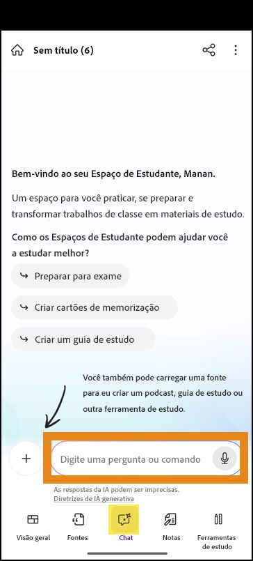 Tela de chat em um novo Space do aluno com um campo de prompt para fazer uma pergunta.